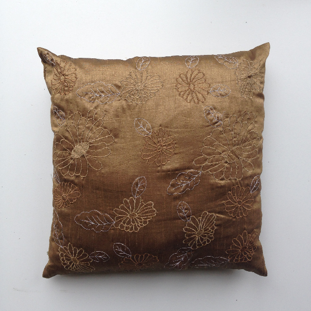 CUSHION, Brown w Embroidered Flowers